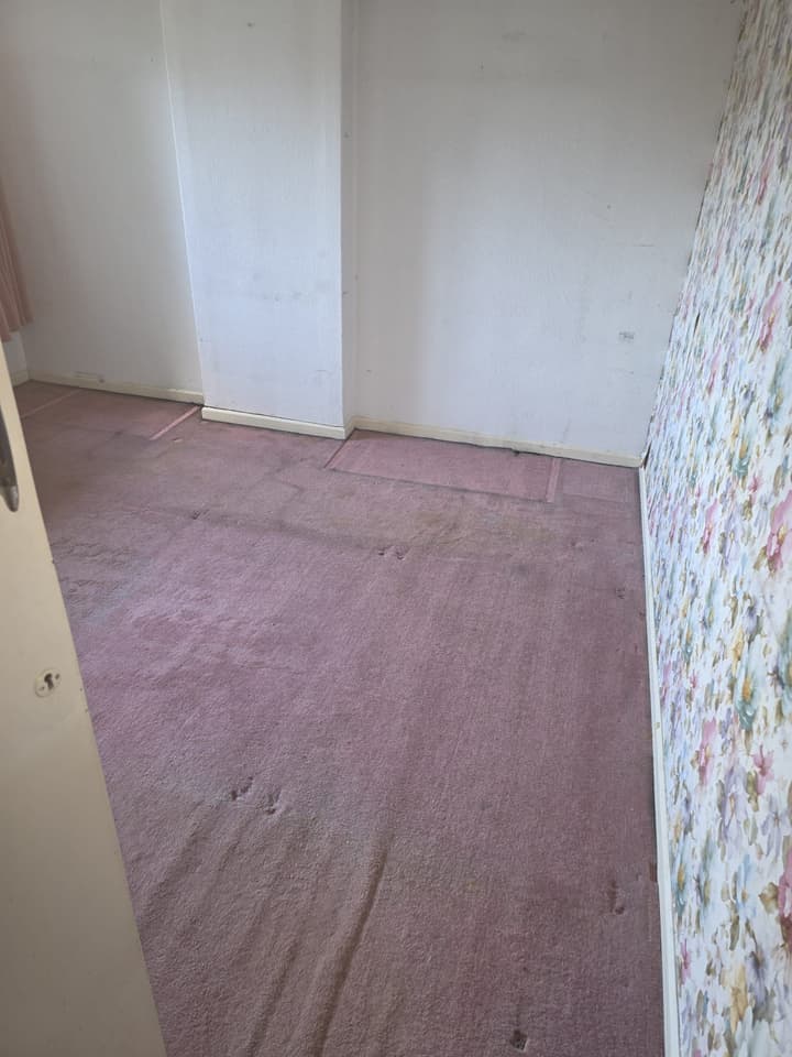 The bedroom after the clearance: an empty room with pink carpet and floral wallpaper